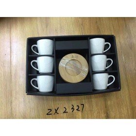 ZX2327 12 Pcs Cup & Saucer Set Embosed Wood